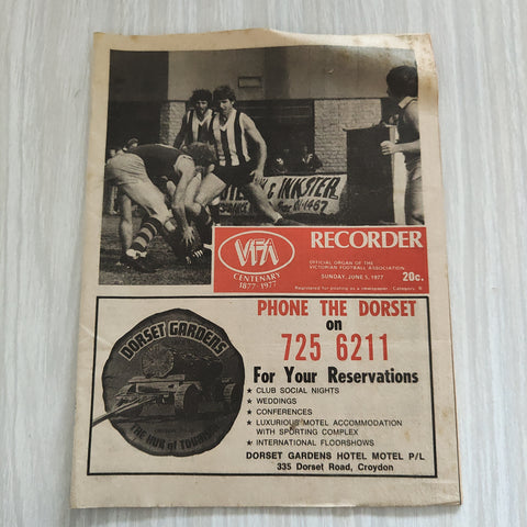 Football 1977 June 5 Victorian Football Association VFA Centenary Year Recorder Magazine
