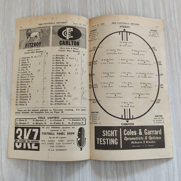 VFL 1965 June 14 Fitzroy v Carlton Football Record