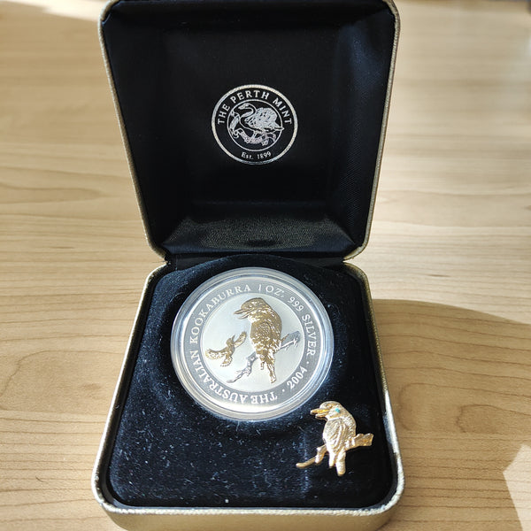 Australia 2004 Perth Mint The Australian Kookaburra .999 1oz Silver Gilded Coin and Pin