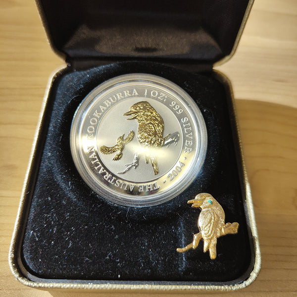 Australia 2004 Perth Mint The Australian Kookaburra .999 1oz Silver Gilded Coin and Pin