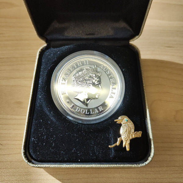 Australia 2004 Perth Mint The Australian Kookaburra .999 1oz Silver Gilded Coin and Pin