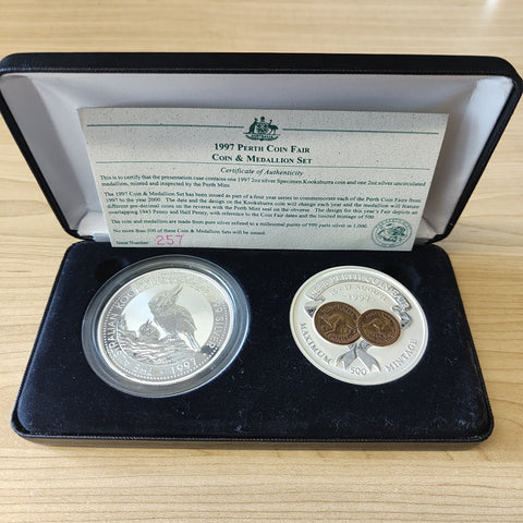 Australia 1997 Perth Mint $2 The Australian Kookaburra Perth Coin Fair 2 x 2oz Silver Coin and Medallion Set
