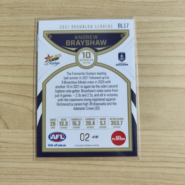 2022 Select Prestige Brownlow Leaders Andrew Brayshaw Fremantle LOW NUMBER 02/80