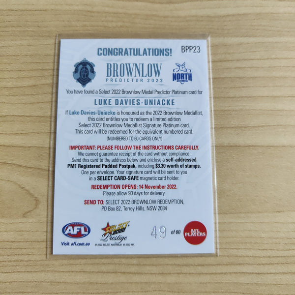 2022 Select Prestige Platinum Brownlow Predictor Luke Davies-Uniacke North Melbourne 49/60
