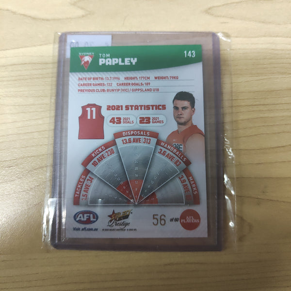 2022 AFL Select Prestige Green Parallel Tom Papley Sydney No.56/60