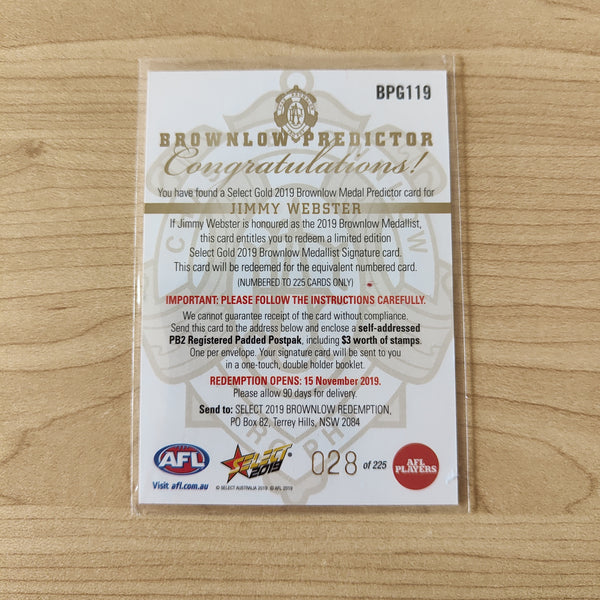 2019 Select Gold Brownlow Predictor Jimmy Webster St Kilda