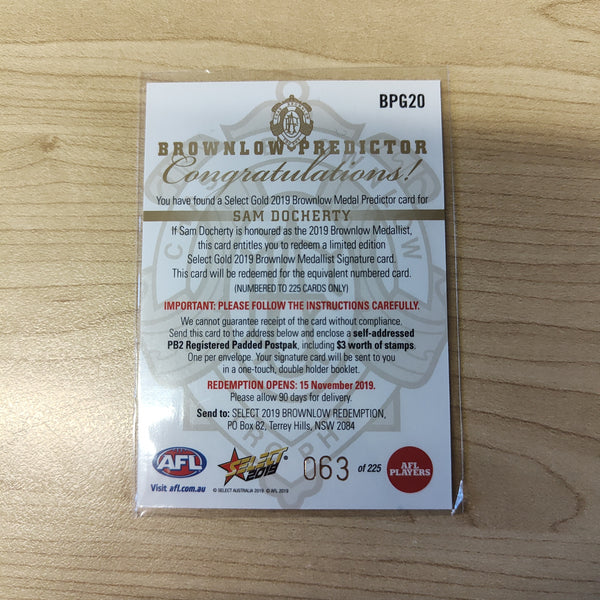 2019 Select Gold Brownlow Predictor Sam Docherty Carlton
