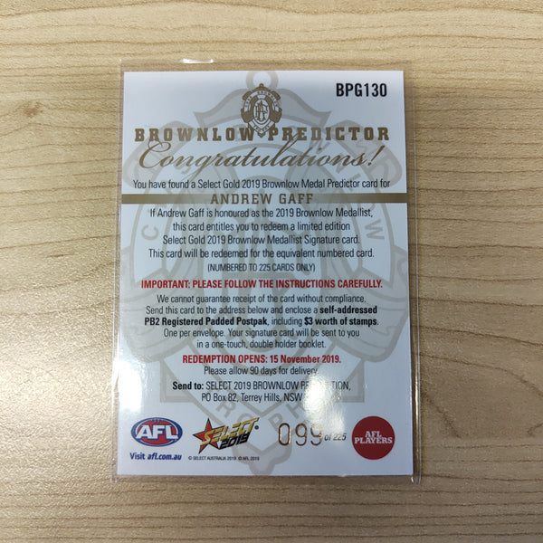 2019 Select Gold Brownlow Predictor Andrew Gaff West Coast