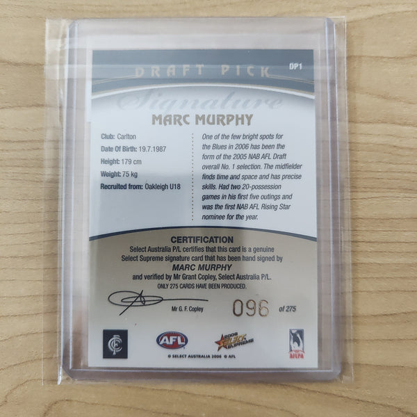 2006 Select Supreme Draft Pick Signature Marc Murphy Carlton 96/275
