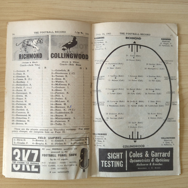 VFL 1965 July 24 Football Record Richmond v Collingwood