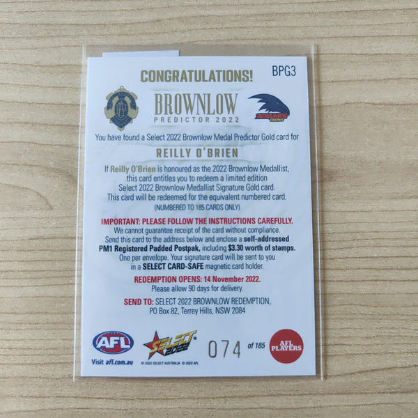 2022 AFL Footy Stars Brownlow Predictor Gold Reilly O'Brien Adelaide 074/185
