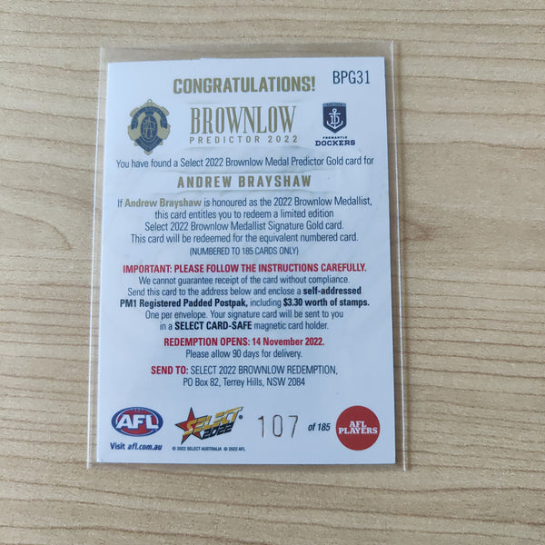 2022 AFL Footy Stars Brownlow Predictor Gold Andrew Brayshaw Fremantle 107/185