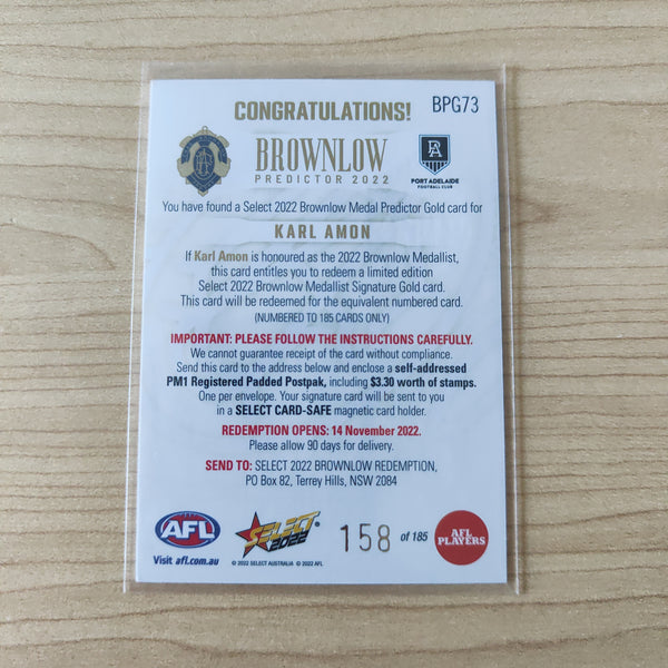 2022 AFL Footy Stars Brownlow Predictor Gold Karl Amon Port Adelaide 158/185