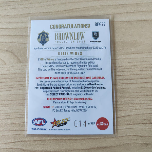 2022 AFL Footy Stars Brownlow Predictor Gold Ollie Wines Port Adelaide 014/185