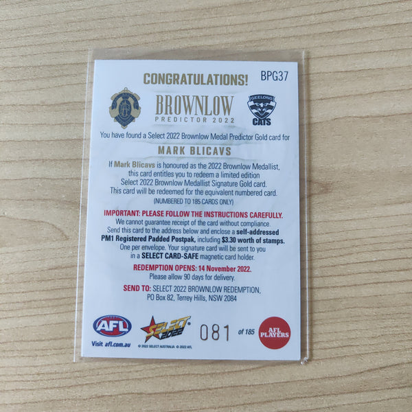 2022 AFL Footy Stars Brownlow Predictor Gold Mark Blicavs Geelong 081/185