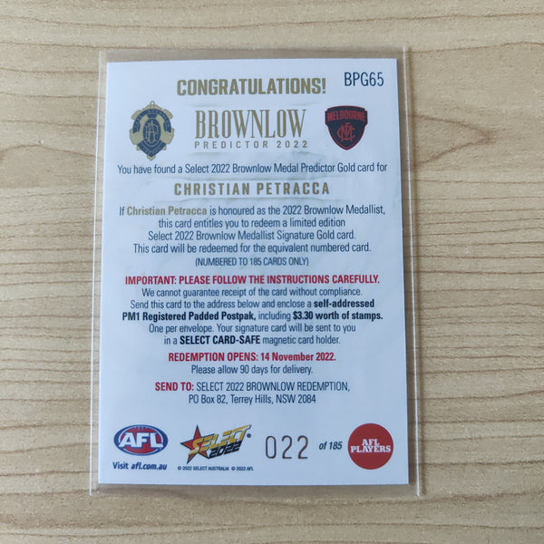 2022 AFL Footy Stars Brownlow Predictor Gold Christian Petracca Melbourne 022/185