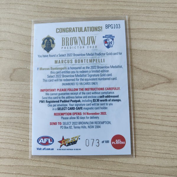 2022 AFL Footy Stars Brownlow Predictor Gold Marcus Bontempelli Western Bulldogs 073/185