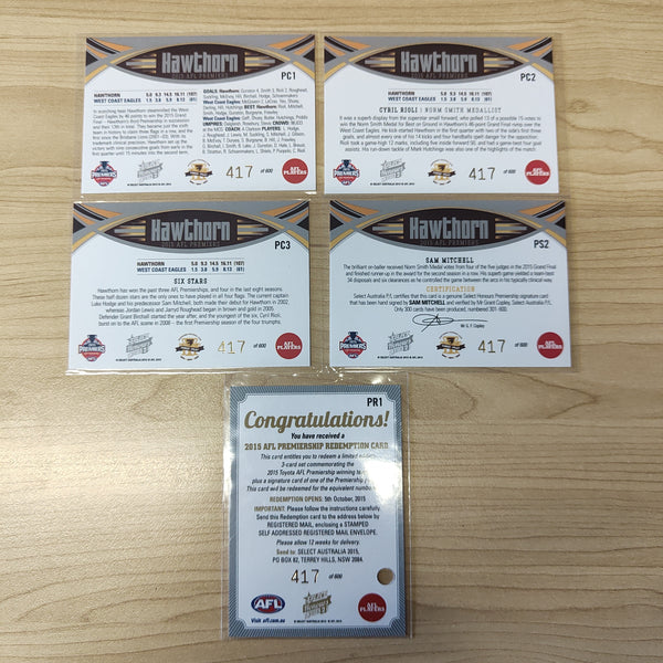 2015 Select Honours 2 Hawthorn Premiership Sam Mitchell Signature 4 Card Set + Redemption
