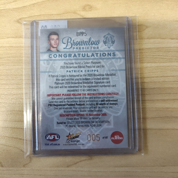 2020 Select Prestige Platinum Brownlow Predictor Patrick Cripps Carlton LOW NUMBER No. 005/60