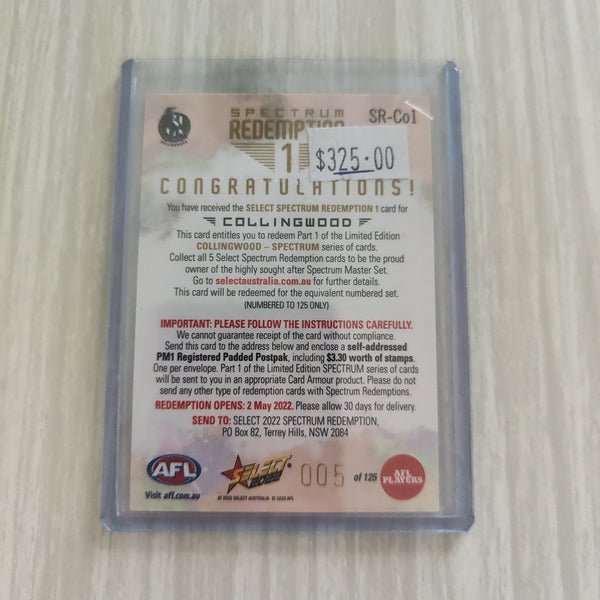 2022 AFL Footy Stars Spectrum Redemption 1 Card Collingwood LOW NUMBER 005/125