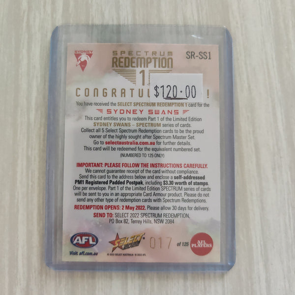 2022 AFL Footy Stars Spectrum Redemption 1 Card Sydney 017/125