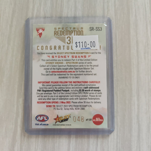 2022 AFL Footy Stars Spectrum Redemption 3 Card Sydney 048/125