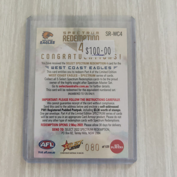 2022 AFL Footy Stars Spectrum Redemption 4 Card West Coast 080/125