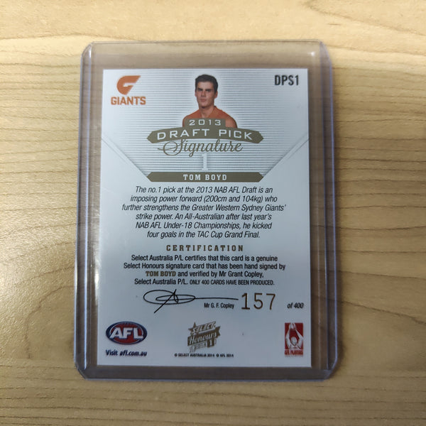 2014 AFL Select Honours 1 Draft Pick Signature Tom Boyd GWS No. 157/400