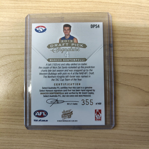 2014 AFL Select Honours 1 Draft Pick Signature Marcus Bontempelli Western Bulldogs No. 355/400