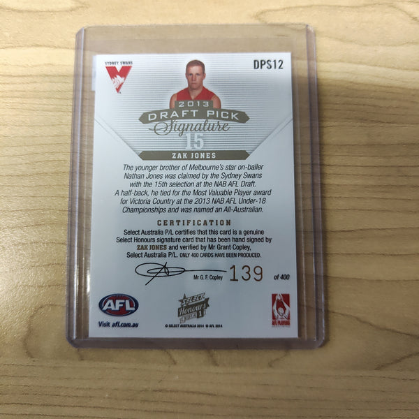2014 AFL Select Honours 1 Draft Pick Signature Zak Jones Sydney No. 139/400