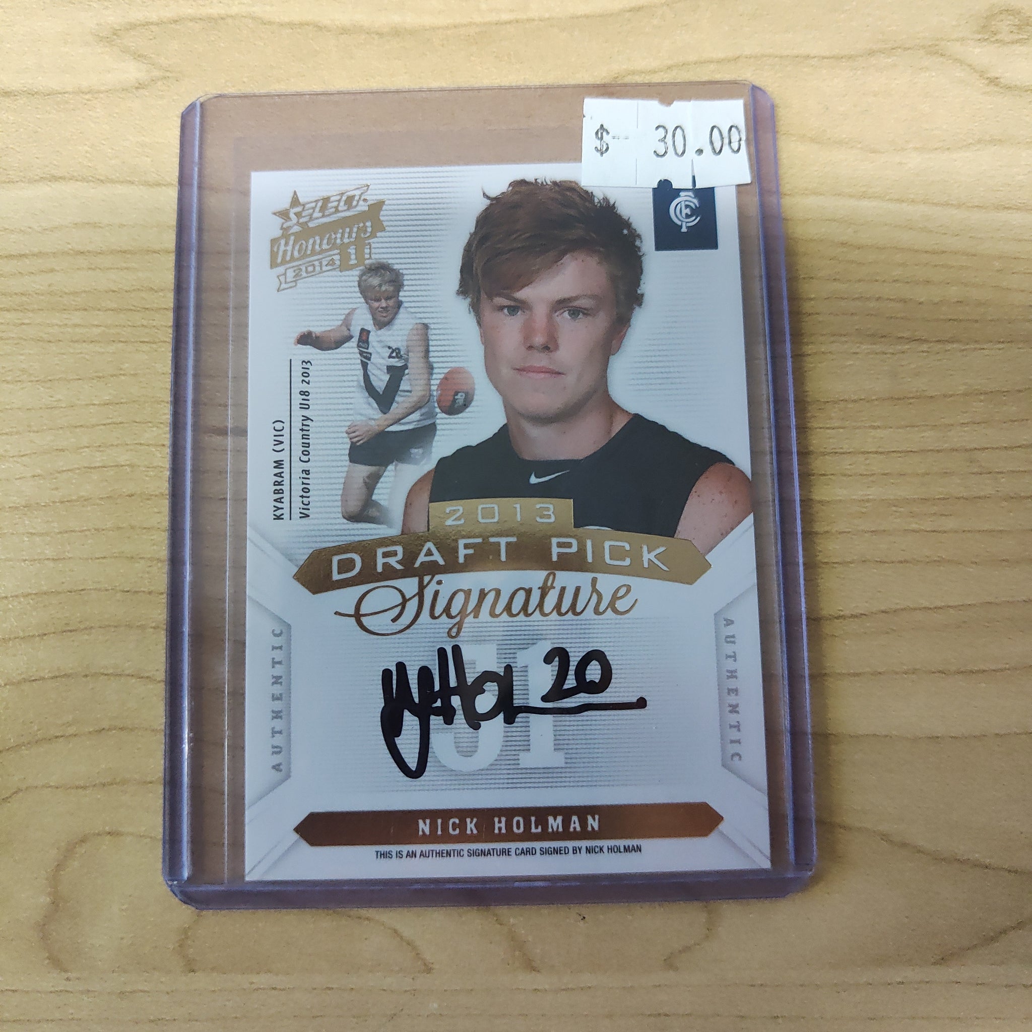 2014 AFL Select Honours 1 Draft Pick Signature Nick Holman Carlton No. 056/400