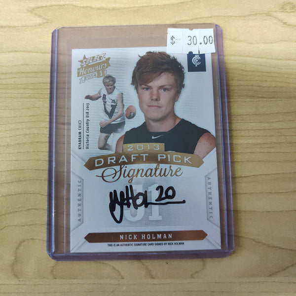 2014 AFL Select Honours 1 Draft Pick Signature Nick Holman Carlton No. 056/400