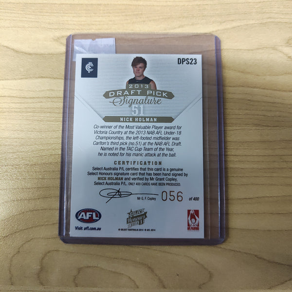 2014 AFL Select Honours 1 Draft Pick Signature Nick Holman Carlton No. 056/400