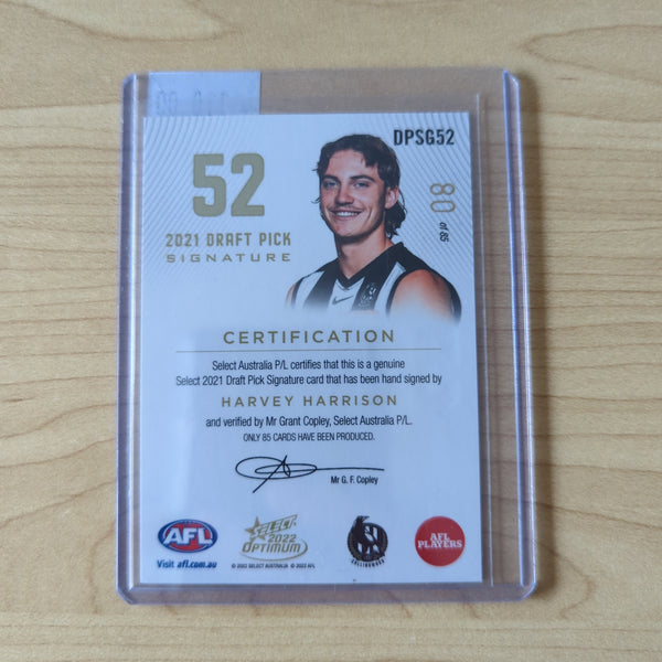 2022 AFL Select Optimum Gold Draft Pick Signature Harvey Harrison Collingwood No.80/85
