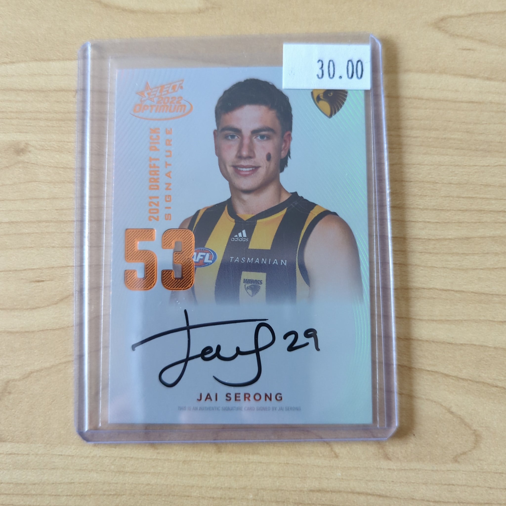 2022 AFL Select Optimum Copper Draft Pick Signature Jai Serong Hawthorn No.013/170