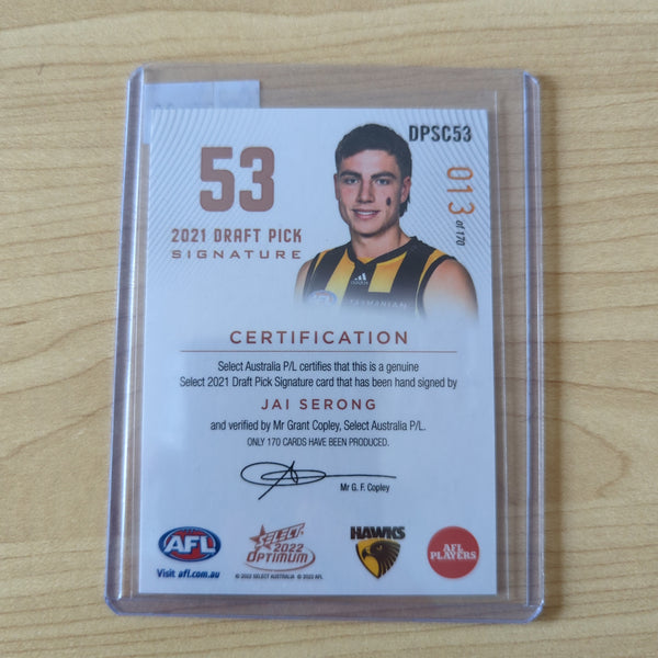 2022 AFL Select Optimum Copper Draft Pick Signature Jai Serong Hawthorn No.013/170