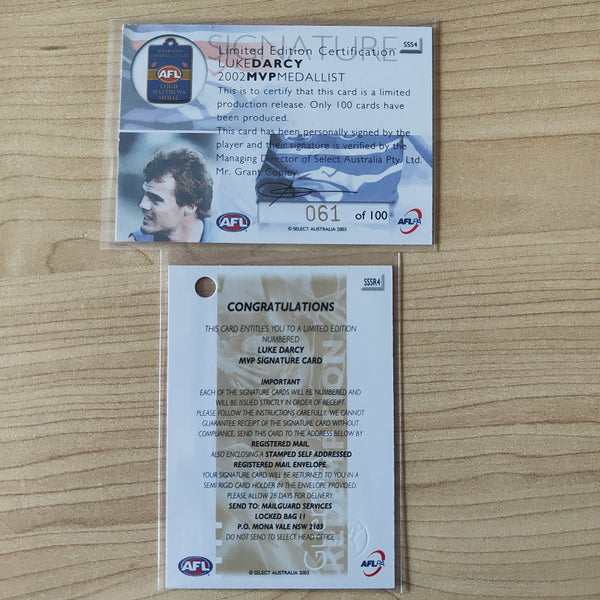 2003 Select XL Ultra Signature Redemption Luke Darcy Western Bulldogs No.061/100