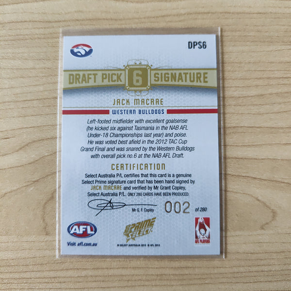 2013 Select Draft Pick Signature Jack Macrae Western Bulldogs LOW NUMBER No.002/280