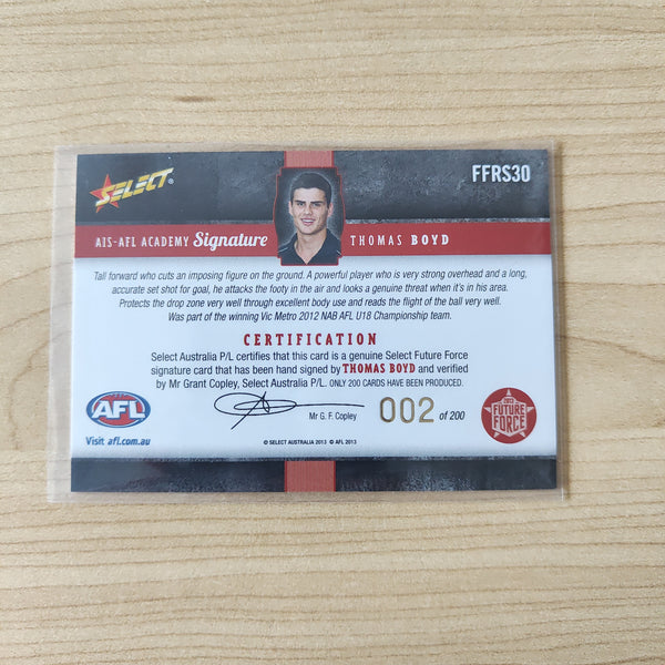 2013 Select Red Draft Pick Signature Thomas Boyd Western Bulldogs LOW NUMBER No.002/200