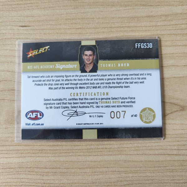 2013 Select Gold Draft Pick Signature Thomas Boyd Western Bulldogs LOW NUMBER No.007/40