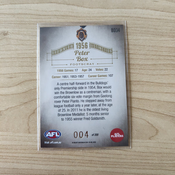 2015 Select Honours 2 Brownlow Peter Box Footscray Western Bulldogs No.004/200