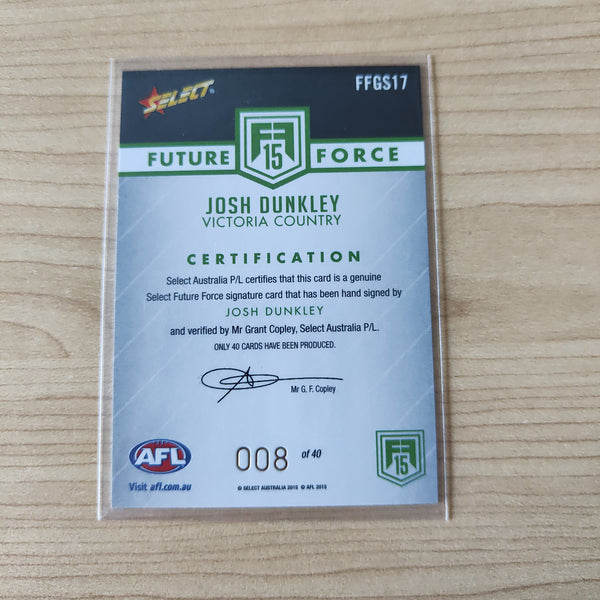 2015 Select Future Force Green Signature Josh Dunkley Western Bulldogs LOW NUMBER No.008/40