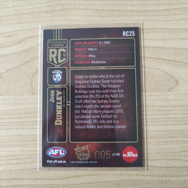 2016 Select Certified Rookie Card Josh Dunkley Western Bulldogs LOW NUMBER No.005/240