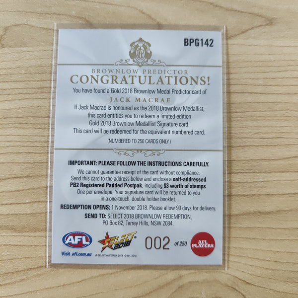 2018 Select Gold Brownlow Predictor Jack Macrae Western Bulldogs LOW NUMBER No.002/250