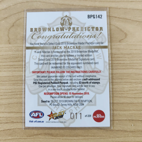 2019 Select Gold Brownlow Predictor Jack Macrae Western Bulldogs No.011/225