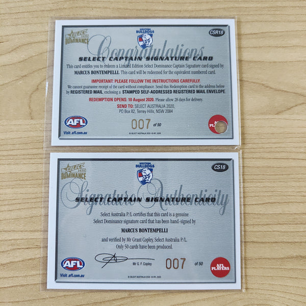 2020 Select Dominance Redemption Captain Signature Marcus Bontempelli Western Bulldogs LOW NUMBER No.007/50