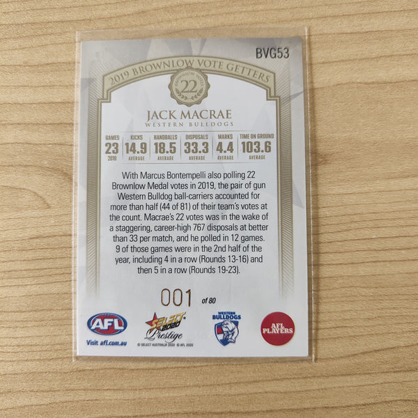 2020 Select Prestige Brownlow Vote Getters Jack Macrae Western Bulldogs LOW NUMBER No.001/80