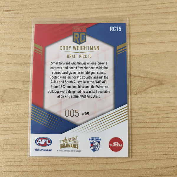 2020 Select Dominance Rookie Card Cody Weightman Western Bulldogs LOW NUMBER No.005/295