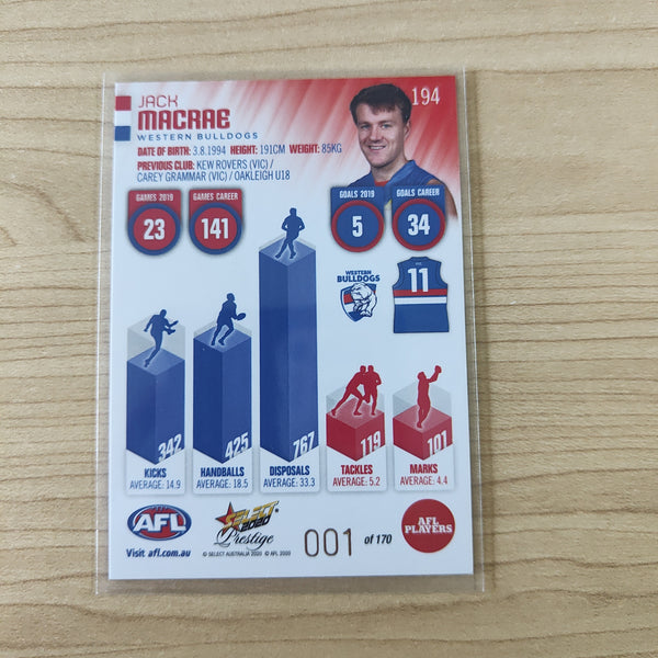 2020 Select Prestige Red Parallel Jack Macrae Western Bulldogs LOW NUMBER No.001/170