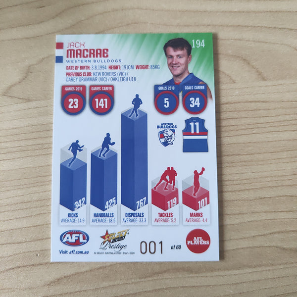 2020 Select Prestige Green Parallel Jack Macrae Western Bulldogs LOW NUMBER No.001/60